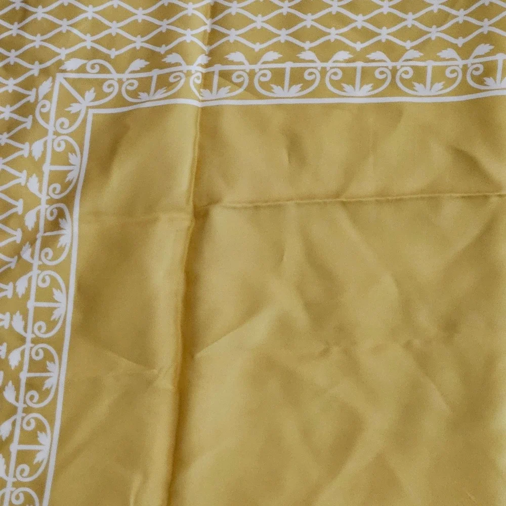 Vintage Style Mustard Yellow White Lattice Scroll Square Silk Scarf Accessory